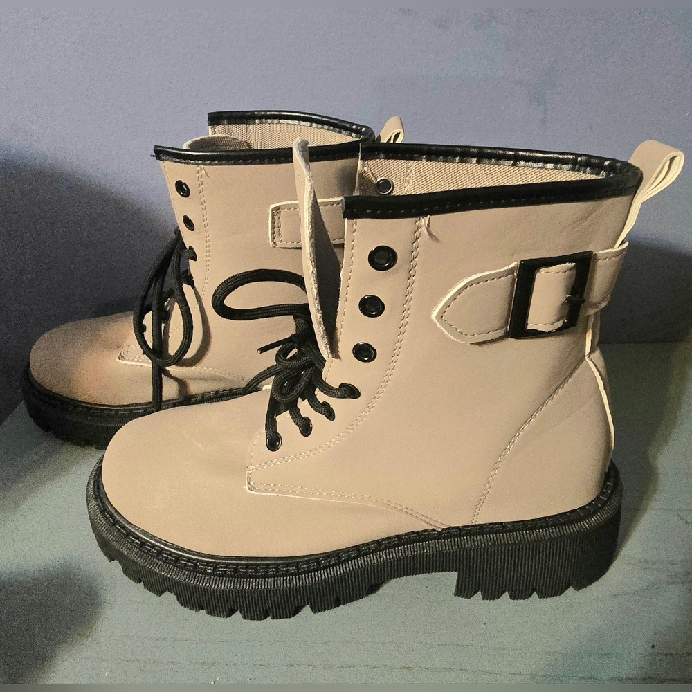 Women's Beige Lace-Up Combat Boots with Black Trim
